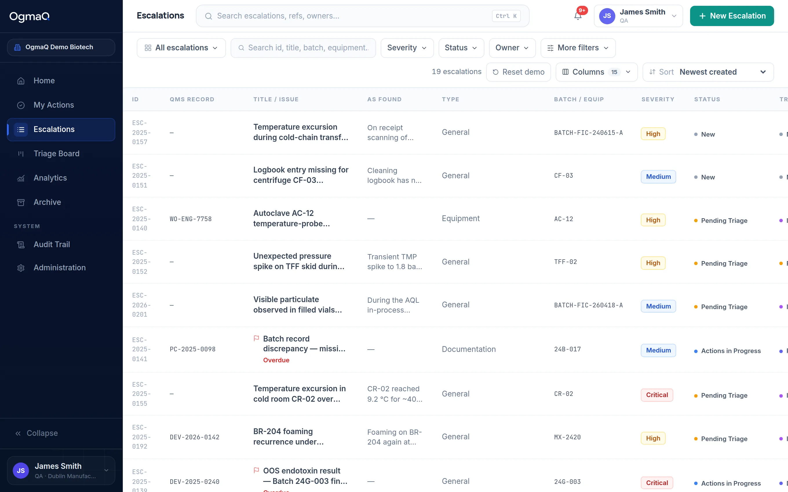 The OgmaQ escalations list: a table of operational escalations, each with a reference, an optional linked QMS record, the issue and how it was found, the batch or equipment, a severity, a workflow status and a triage state.